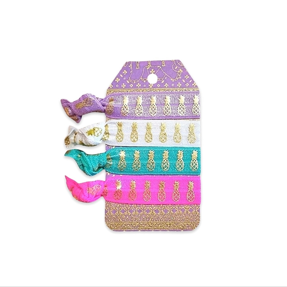 Pineapple 4-Pack Handmade No Crease Neon Pink Aqua Blue Elastic Hair Ties